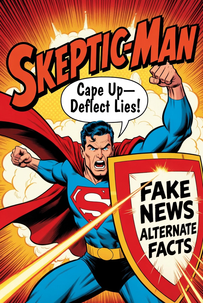 Skeptic Man: Cape Up, Deflect Lies!